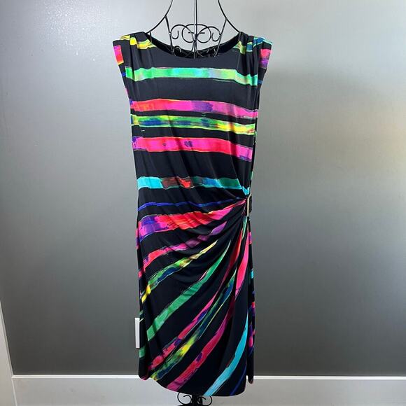 Tahari ASL Black Multicolored Striped Sheath Dress Size 14 - Picture 1 of 8